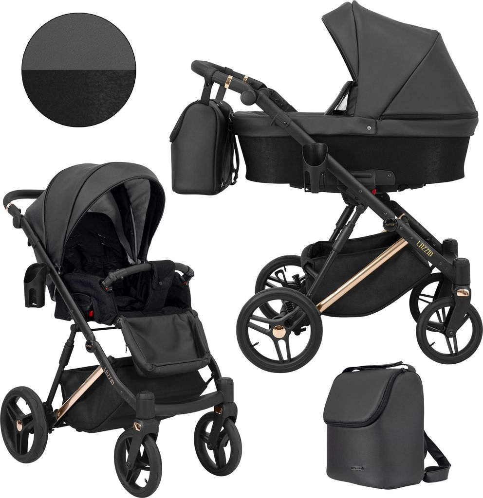 Kinderwagen LAZZIO PREMIUM Sportwagen Babywagen Babyschale Komplettset Kinder Wagen Set 2 in 1 (schwarz + eco, Rahmenfarbe: Kupfer)