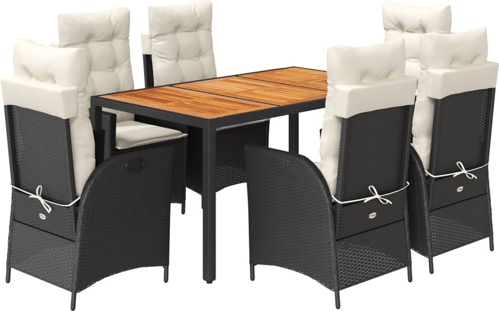vidaXL 7-tlg. Garten-Essgruppe mit Kissen Schwarz Poly Rattan