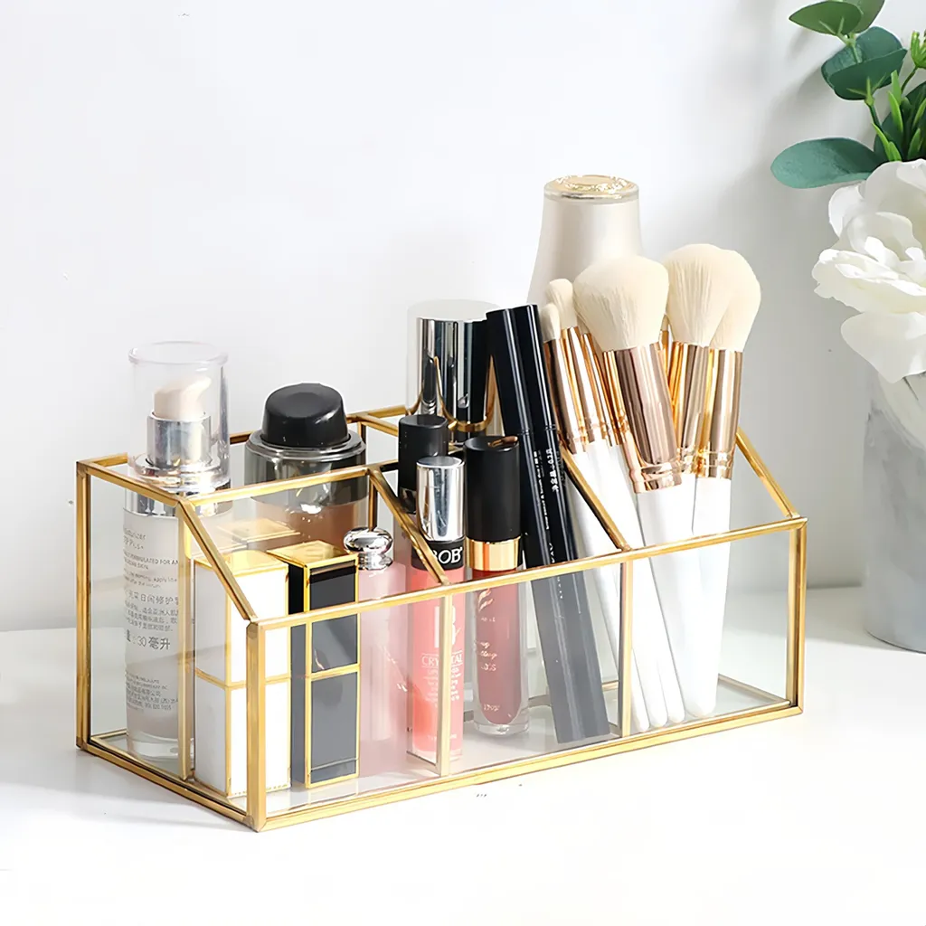 Rangement Maquillage Doré en Verre Vintage à 5 Compartiments Chic