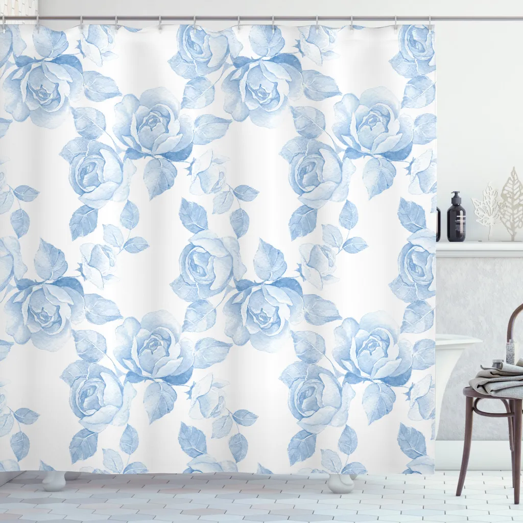 ABAKUHAUS Tenda da doccia primaverile, Floral Dreamy Ast, opaca, incl. 12 anelli, resistente a batteri e muffe, 175 x 240 cm, morbida, blu e bianca