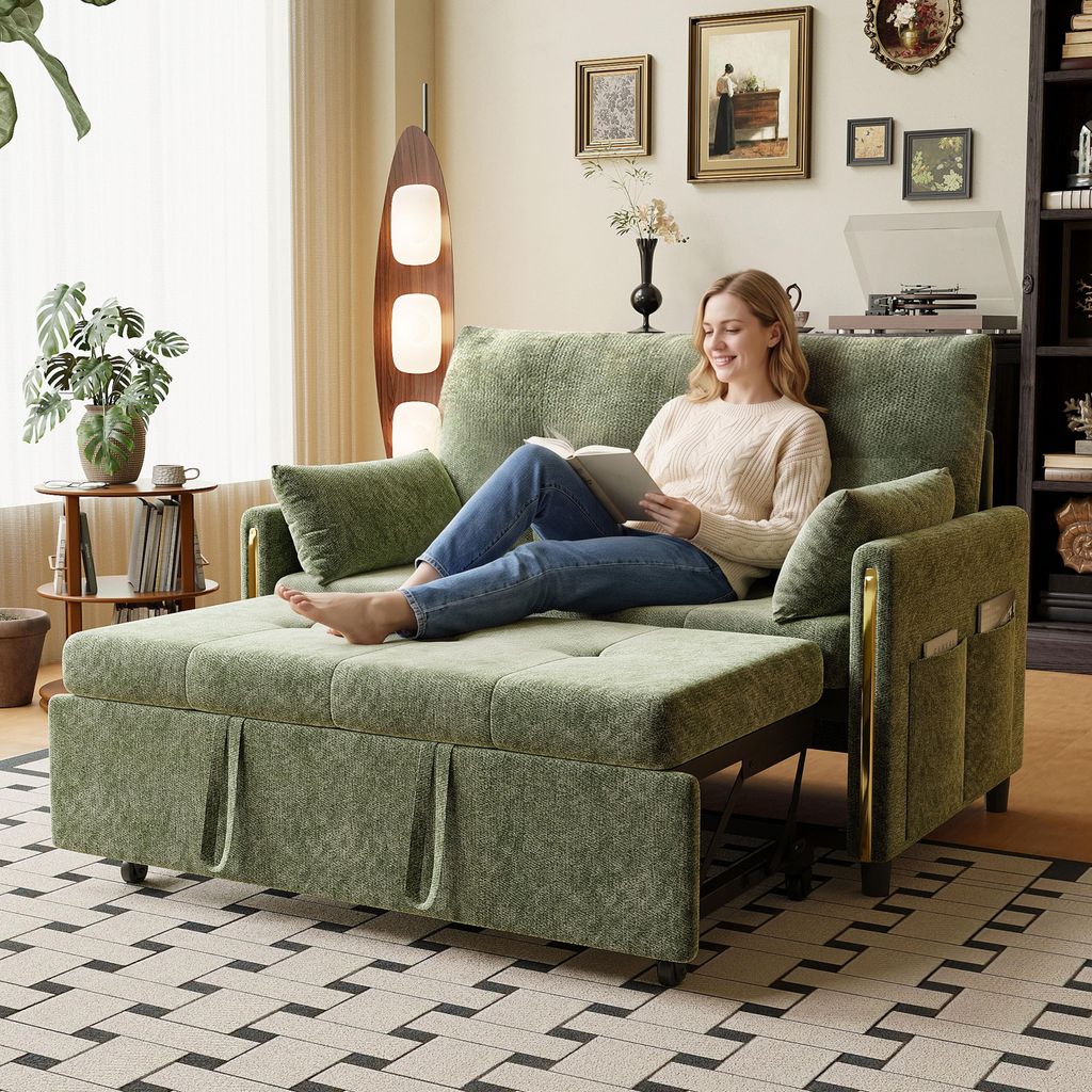 Merax Schlafsofa 2-Sitzer, 3-in-1 Funktionssofa, ausziehbares Gästebett, 5-fach verstellbare Rückenlehne, Chenille Sofa mit 2 Kissen, Grün