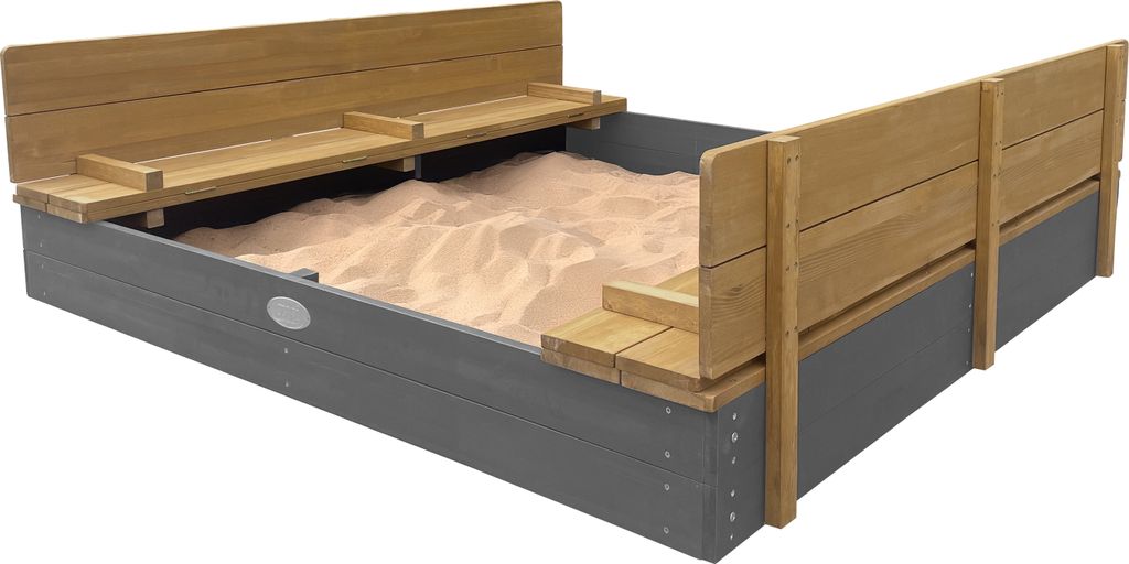 AXI Sandkasten Ella XXL aus Holz mit Deckel, Grau und Braun | Sand Kasten mit Sitzbank & Abdeckung für Kinder | 150 x 150 x 20 cm