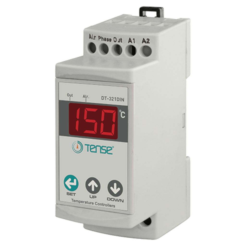 A white DIN rail mountable temperature controller with a digital display showing '150 C'.