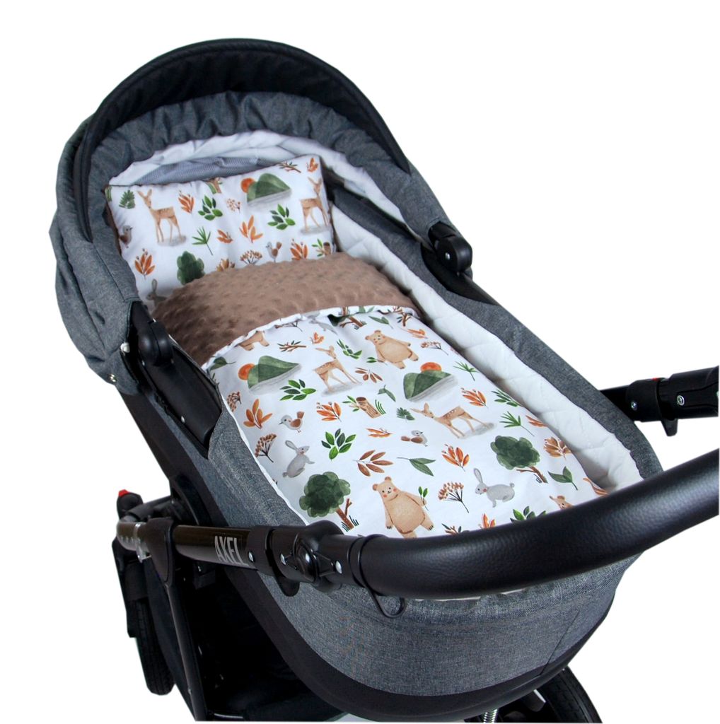 Aves-24 DE BabyLux Babydecke MINKY PLÜSCH 75x60cm mit Kissen – Weiche Decke für Kinderwagen & Babyschale MP152 - Braun + Wald