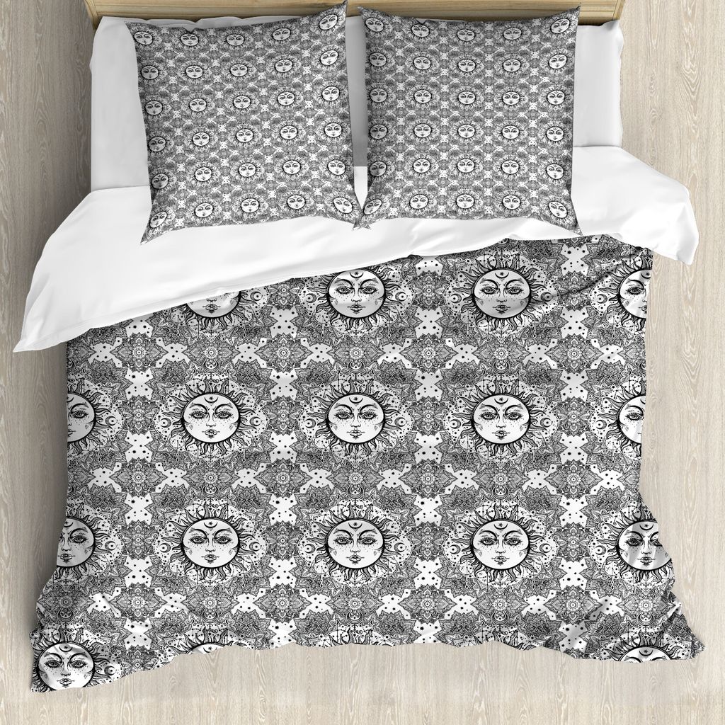ABAKUHAUS Astrologie Bettbezug, Floral Mandala Boho, Milbensicher Allergiker geeignet mit Kissenbezügen, 155 cm x 220 cm - 80 x 80 cm, Weiß schwarz