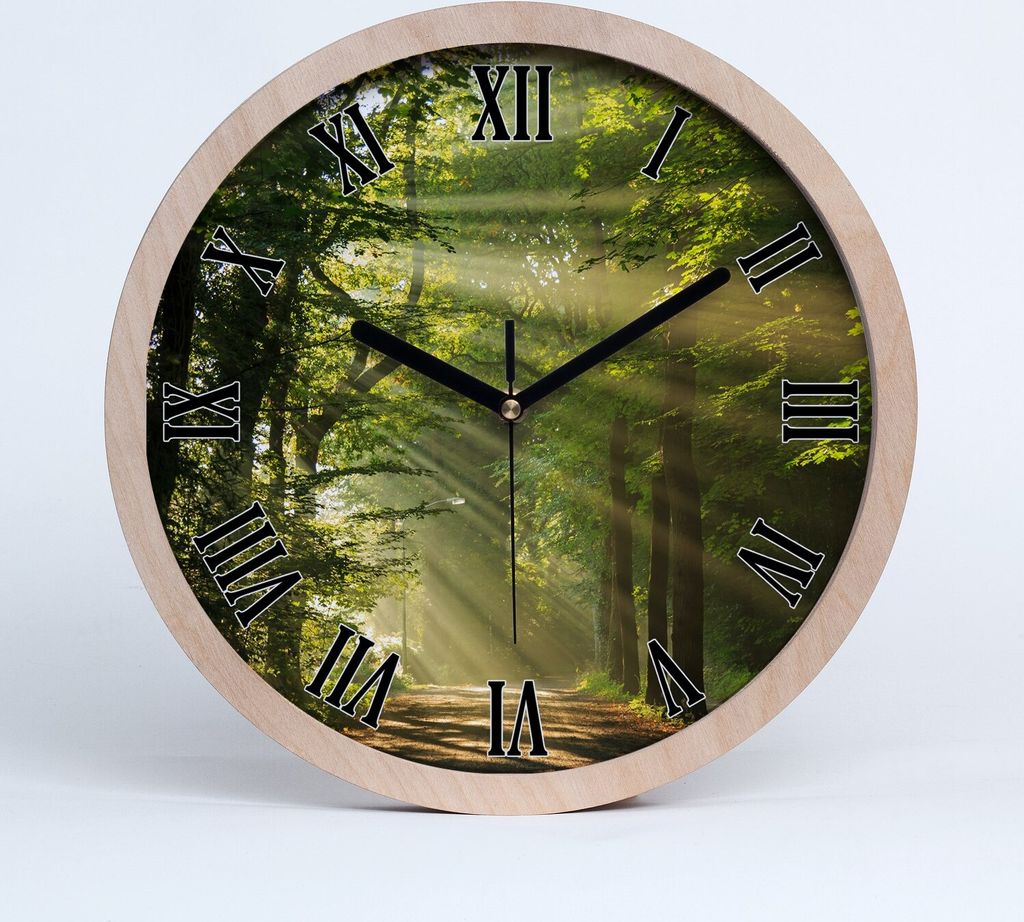 Holzuhr 25fi cm wanduhr - schwarze Spitzen - Wald in der Sonne