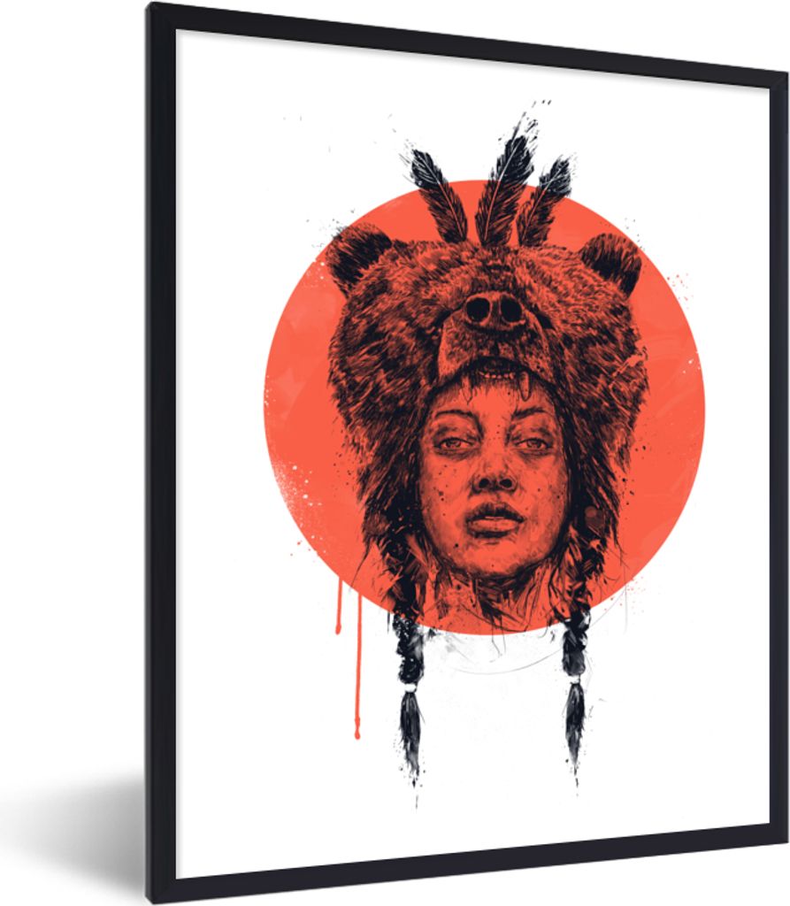 MuchoWow Gerahmtes Poster Indianer - Bär - Federn - Rot 60x80 cm - Poster mit Schwarzem Bilderrahmen Wandposter Rahmen Foto Bilder - Premium - W...