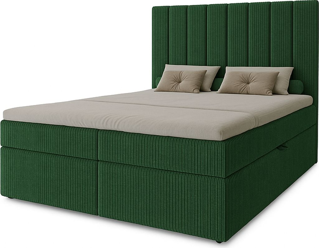 Boxspringbett Nero mit 2 Bettkästen, 200x200, Farbe: Grün, Cordstoff, Doppelbett mit Bonell-Matratze inkl. Topper