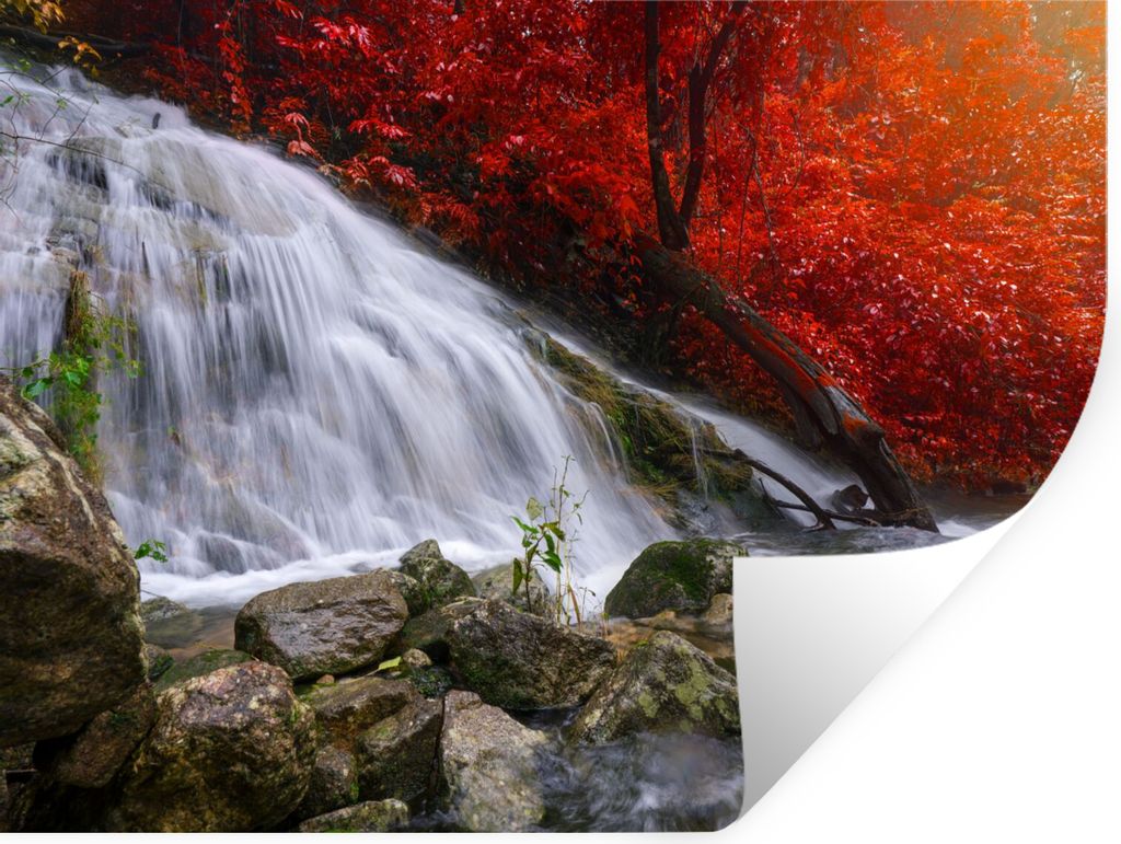 MuchoWow Wandtattoo Wandsticker Wandaufkleber Wasserfall - Felsen - Wasser - Herbst 160x120 cm Selbstklebend und Repositionierbar - Selbstklebend...