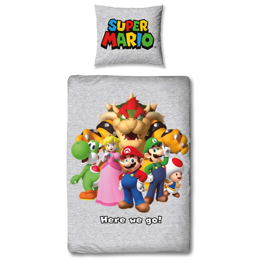 Nintendo Super Mario Kinderbettwäsche in 135x200 + 80x80 cm, Geschenk für Gamer, Wendebettwäsche für Mädchen und Jungen