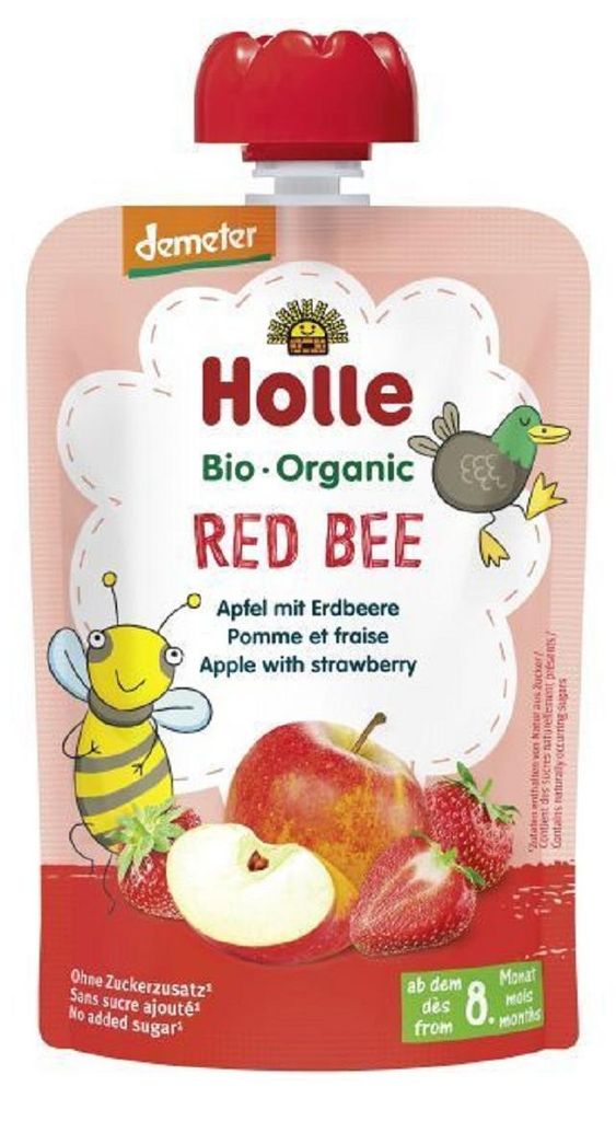 MUS CZERWONA PSZCZOŁA (JABŁKO - TRUSKAWKA) BEZ DODATKU CUKRÓW OD 8 MIESIĄCA DEMETER BIO 100 g - HOLLE