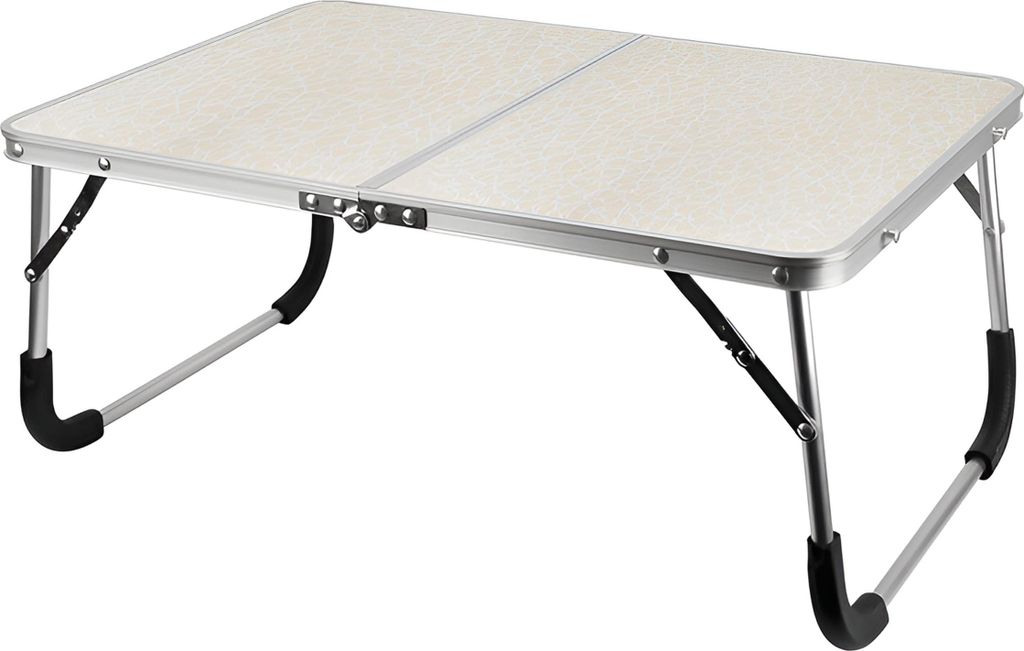 A portable folding table with silver legs and a beige surface.