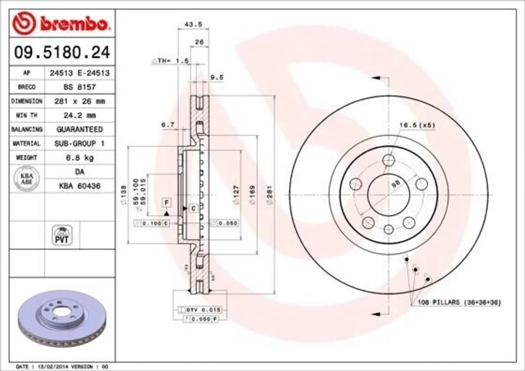 Brembo 09.5180.24 Disque de Frein Avant pour Scudo et Ulysse OE 1309392080