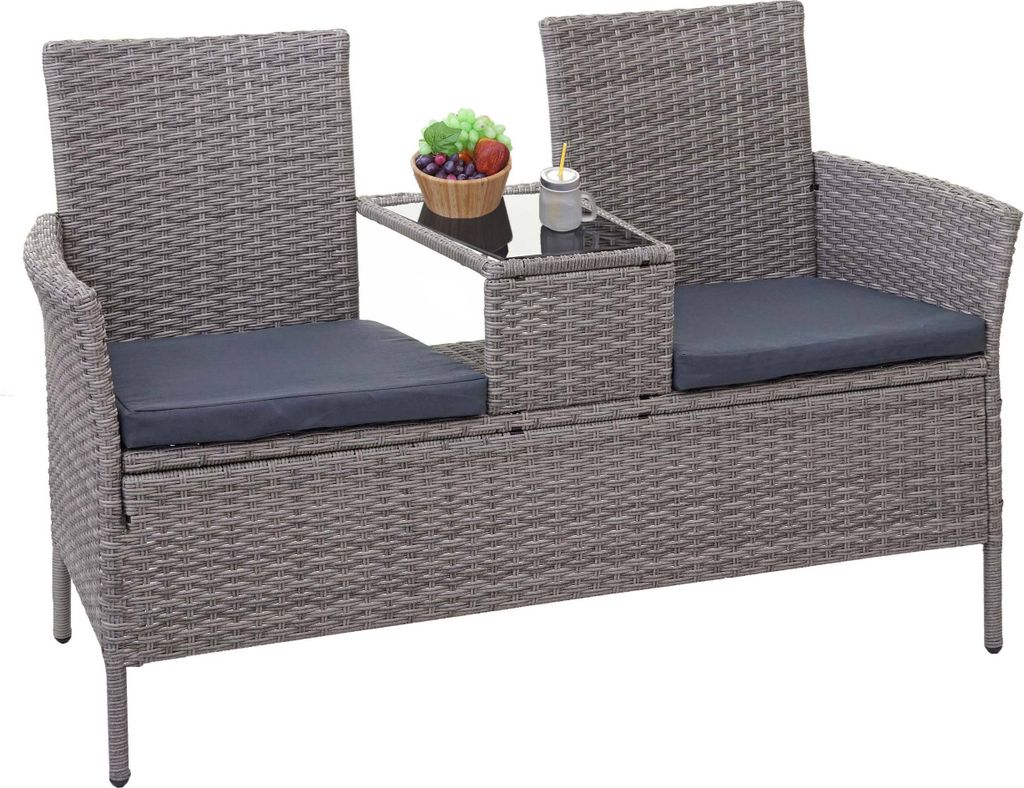 Poly-Rattan Sitzbank mit Tisch MCW-E24, Gartenbank Sitzgruppe Gartensofa, 132cm grau, Kissen dunkelgrau