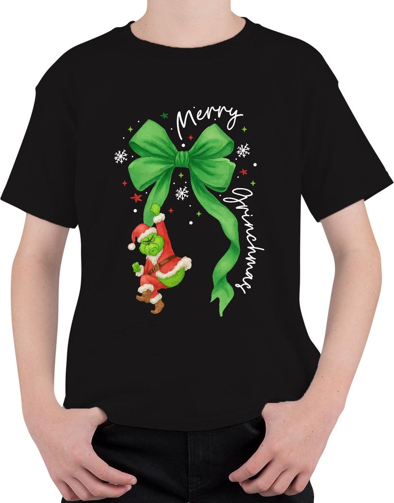 Merry Grinchmas Grinch Weihnachtsmann an grüner Schleife Christmas Uni Kinder T-Shirt, Schwarz, 116