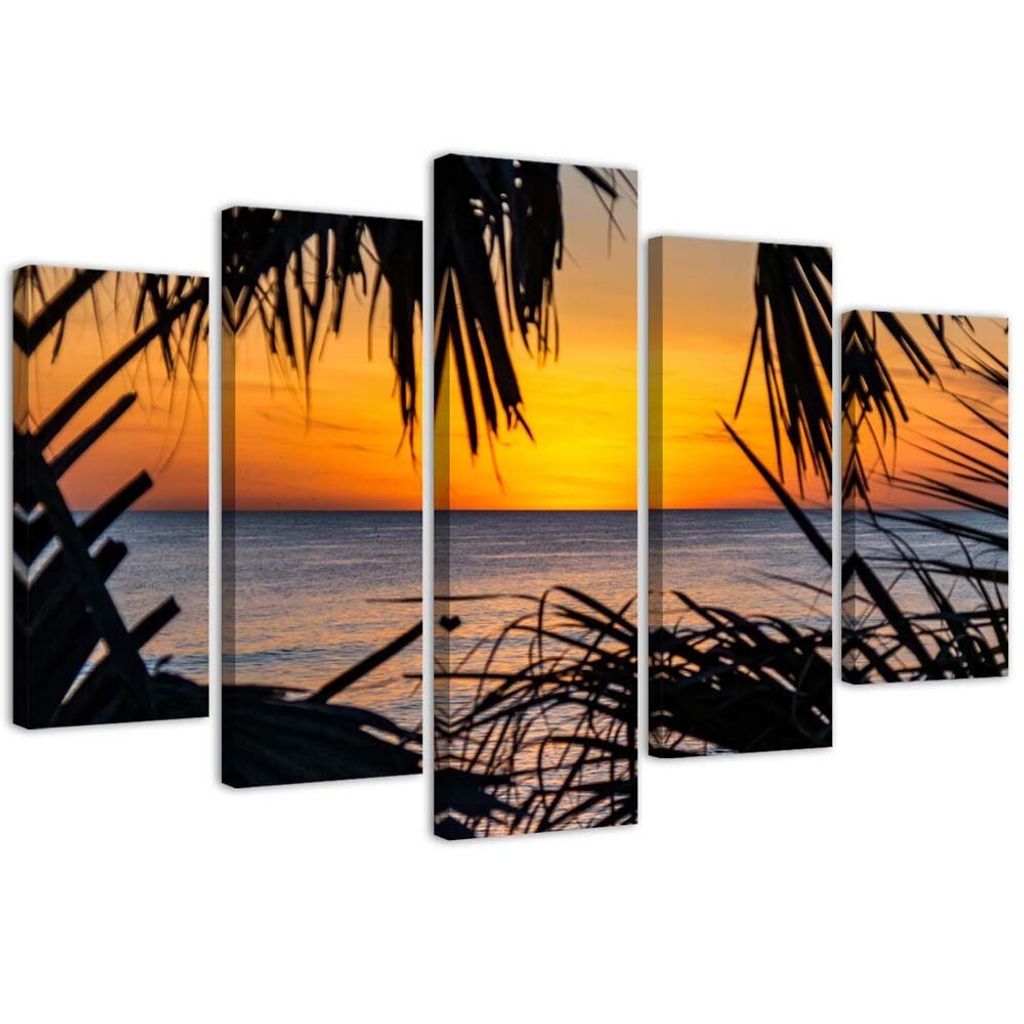 5-teiliges leinwandbild meer bei sonnenuntergang 200x100 cm Feeby orange wandbild bereit zum aufhängen