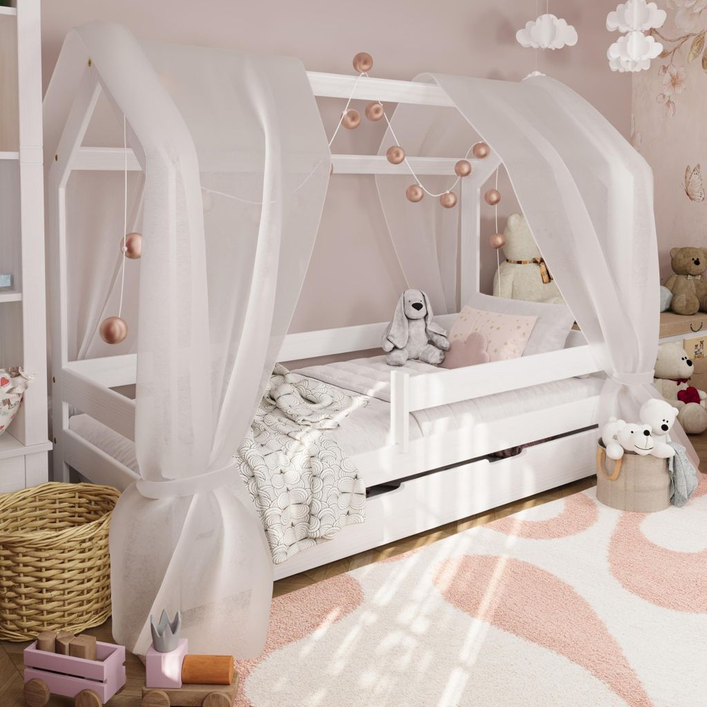 Kinderbett Tom Hausbett mit Rausfallschutz, Schublade und Lattenrost | 180x80 cm | Deckweiß | 100% Massivkiefernholz | für Jungen und Mädchen | ...