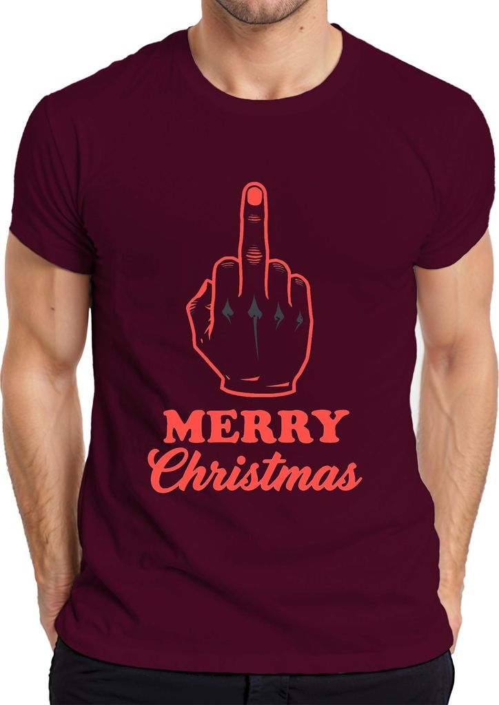 MERRY Christmas Mittelfinger frech sarkastisch Weihnachten lustig Herren T-Shirt, Burgundy, S