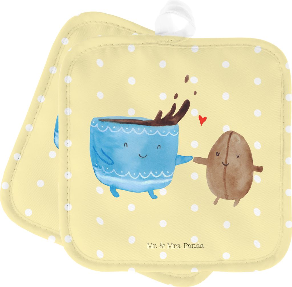 Mr. & Mrs. Panda Topfuntersetzer Kaffee Bohne - Gelb Pastell - Geschenk, Genuss, Topflappen, Zufriedenheit, Set, Kaffeebohne, Ofenlappen, Glück, K...