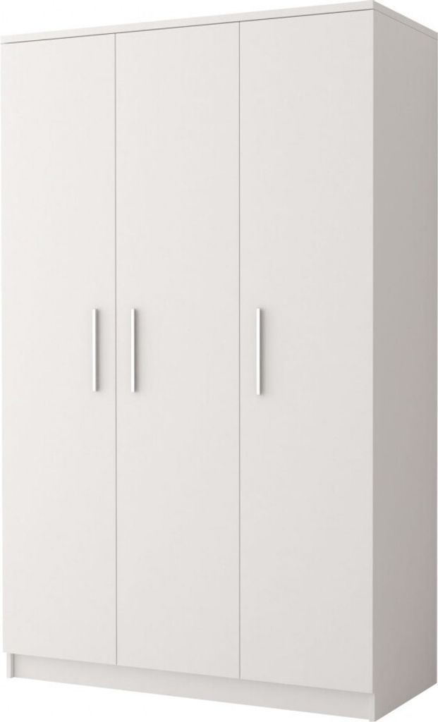 A white three-door wardrobe with silver handles against a white background.