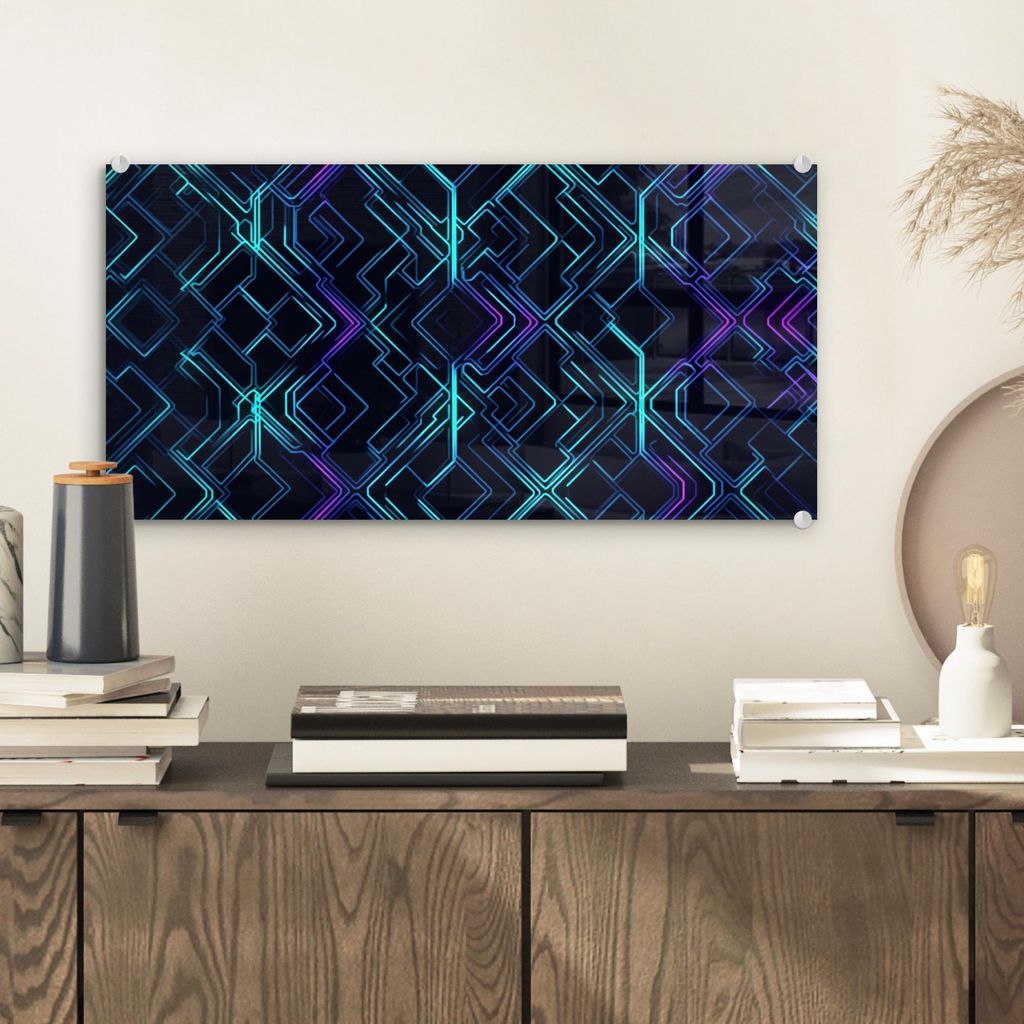 MuchoWow Glasbilder - Bilder auf Wandbild - Foto auf Glas Gaming - Karierte Formen - Abstrakt - Neon - Lila 40x20 cm Wanddekoration aus Glas - Acry...