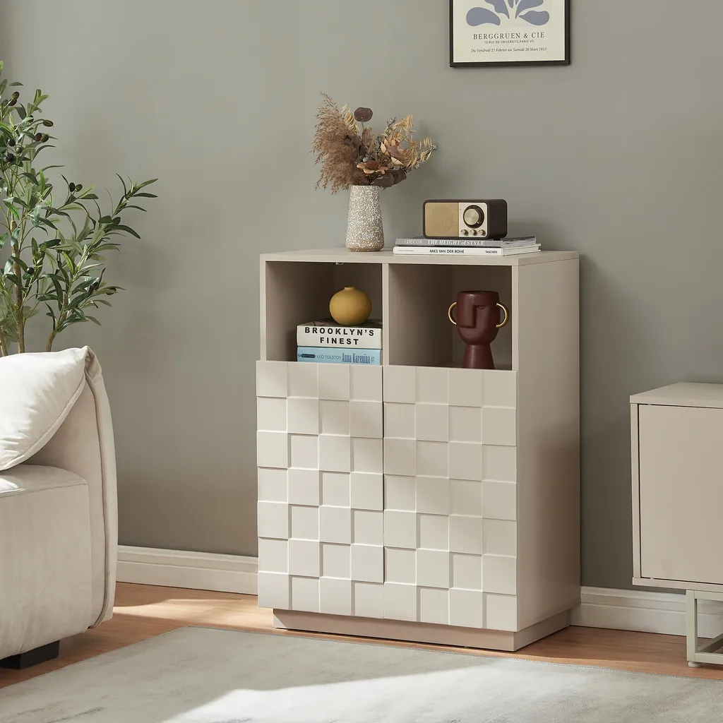 Petit buffet haut de rangement beige 2 portes avec façade texturée 3D - 6