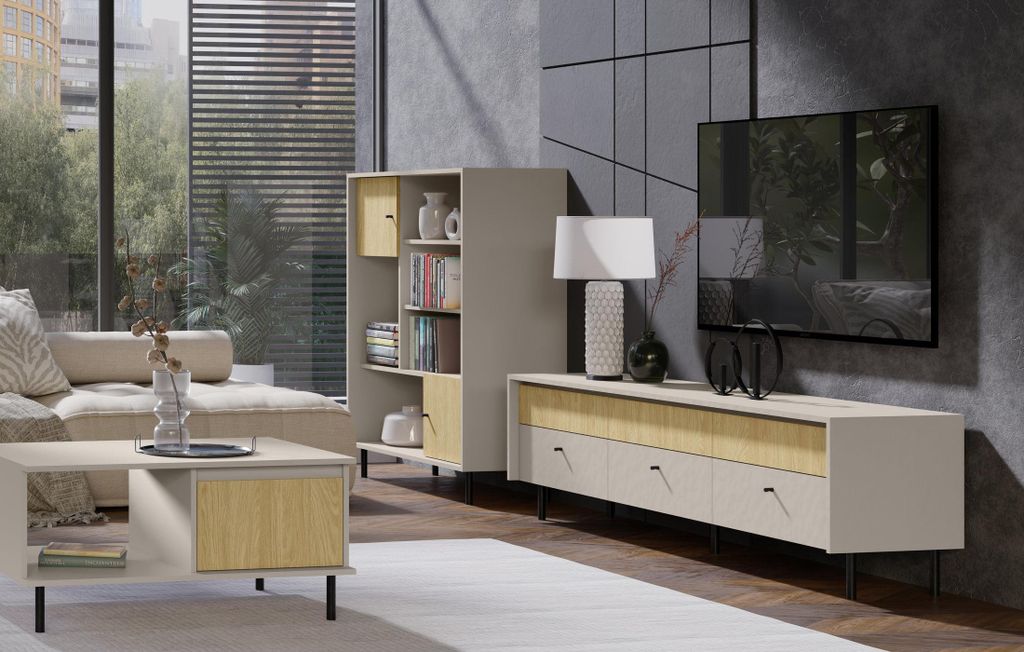 Wohnzimmer-Set – 3-teilig – MALTA System – Bücherregal, TV-Schrank & Couchtisch – Beige / Sonoma Eiche – Stilvolles Set für modernes Wo...