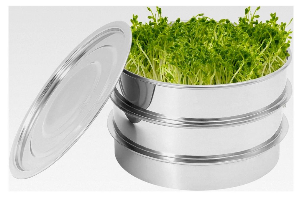 12 cm Keimschale, 2-stufig, stapelbar, Edelstahl, Anzuchtschalen mit Netz, 22 x 12,7 cm, Keimglas für Sprossen