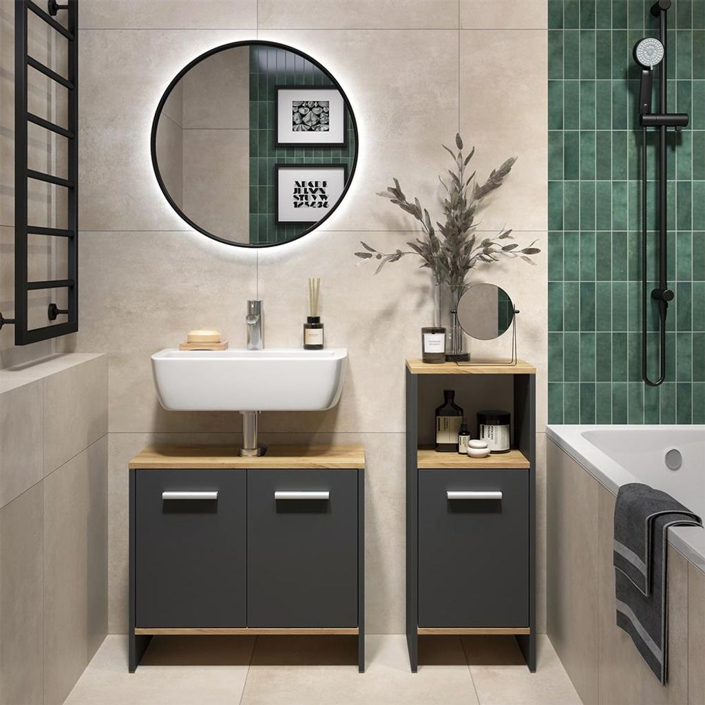 Meubles bain Vicco Karli Anthracite/chêne doré 2 parties, Image du produit 