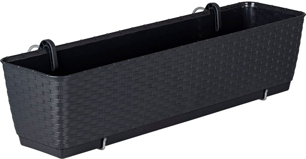 A black rectangular balcony planter box with a woven texture, shown from a diagonal angle against a white background.