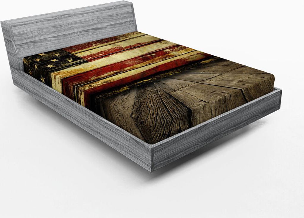 ABAKUHAUS Vereinigte Staaten Spannbetttuch, Weinlese-amerikanische Flagge auf hölzernem Planken-Wand-Hintergrund-Schmutz-Druck, 180 x 200 cm, Crem...