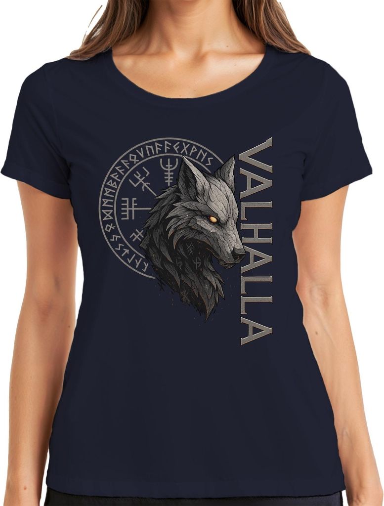Valhalla Wikinger Wolfskopf Runen Nordische Mythologie Fenrir Damen T-Shirt, Navy, 3XL