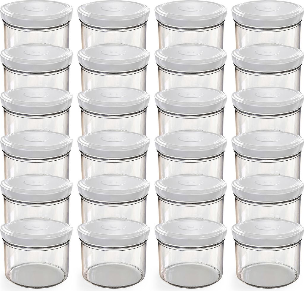 A grid of clear glass jars with white lids.