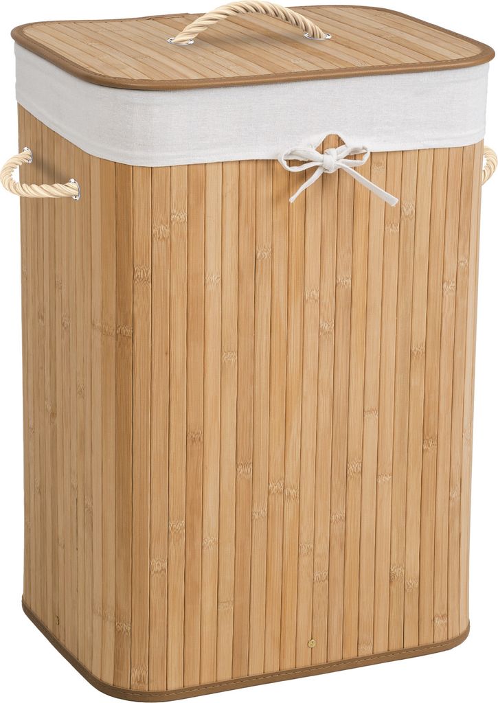 A laundry basket made of bamboo with a white fabric liner and rope handles.