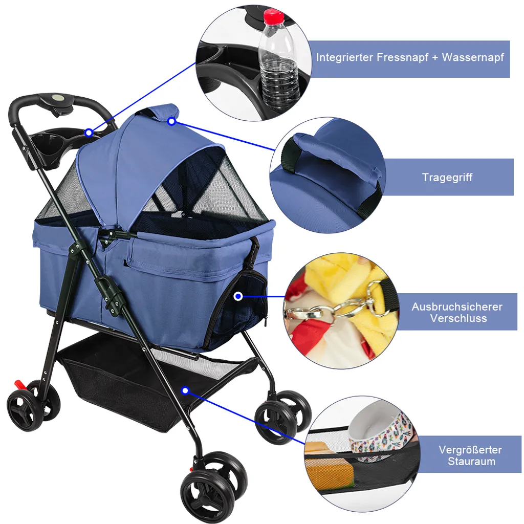 Poussette pour chiens amovible bleu : solution pour animaux âgés ou blessés - 4