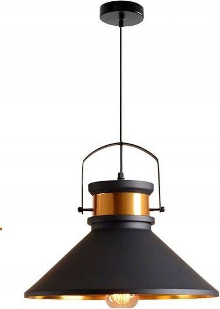 A black and gold pendant light fixture against a white background.
