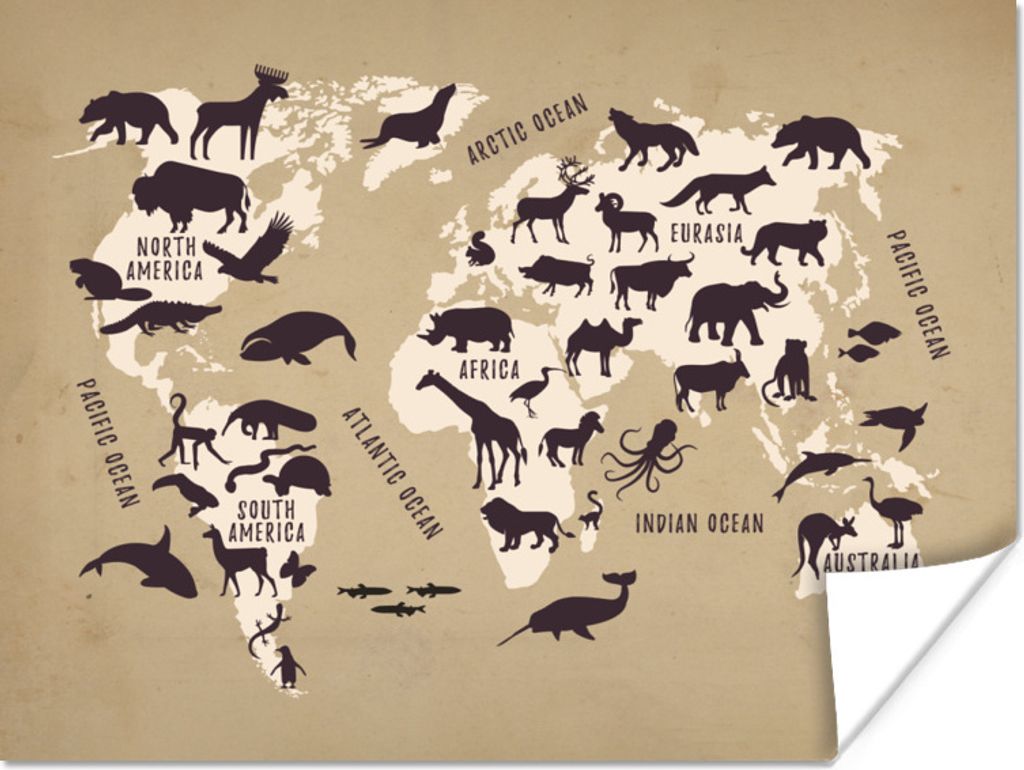 MuchoWow Poster Weltkarte - Tiere - Braun 40x30 cm - Plakate für die Wände - Poster Wohnzimmer