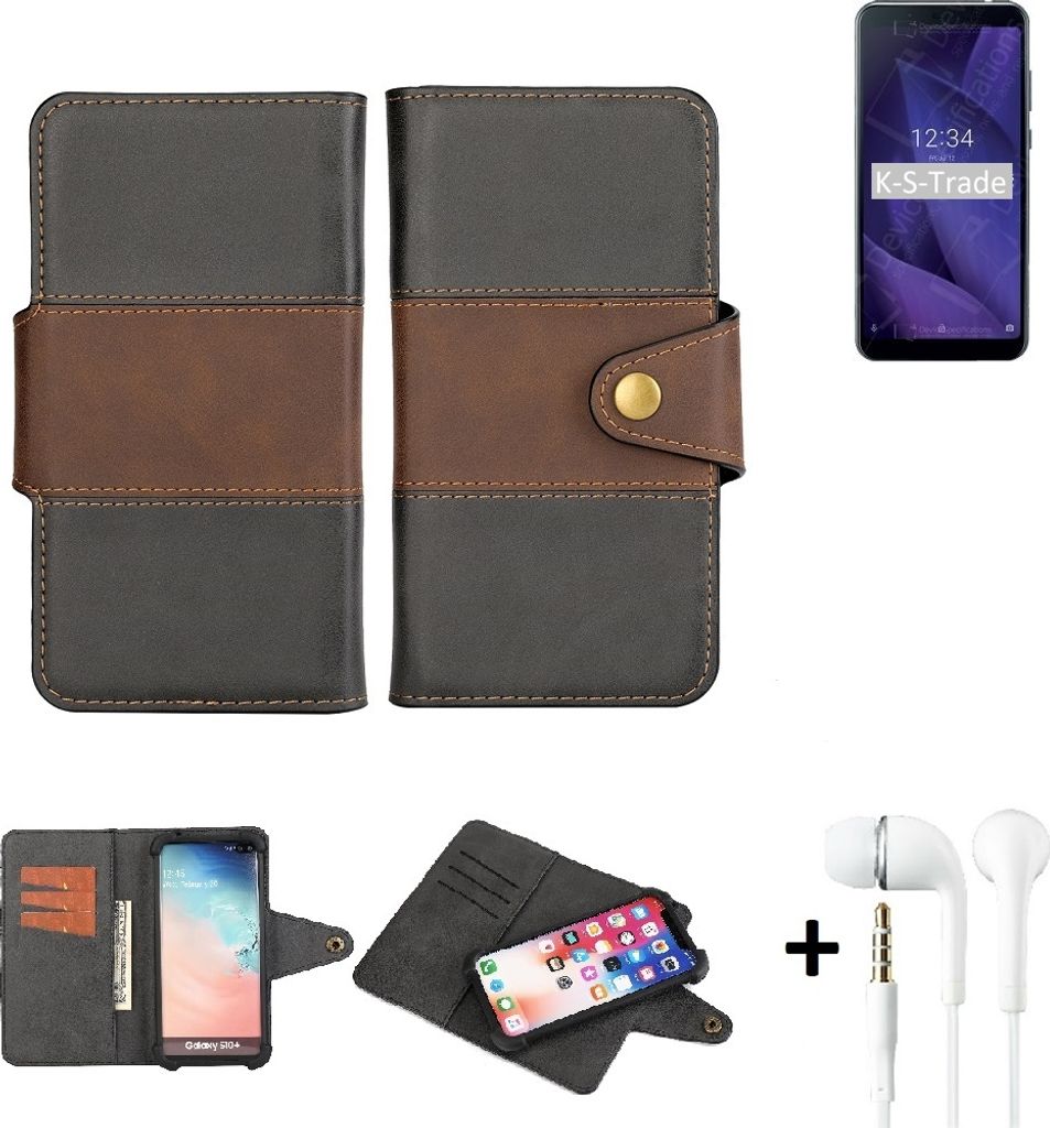 K-S-Trade Handyhülle Schutzhülle Bookstyle Wallet-Case kompatibel mit Sharp Aquos V + earphones Bumper rundumschutz schwarz-braun 1x