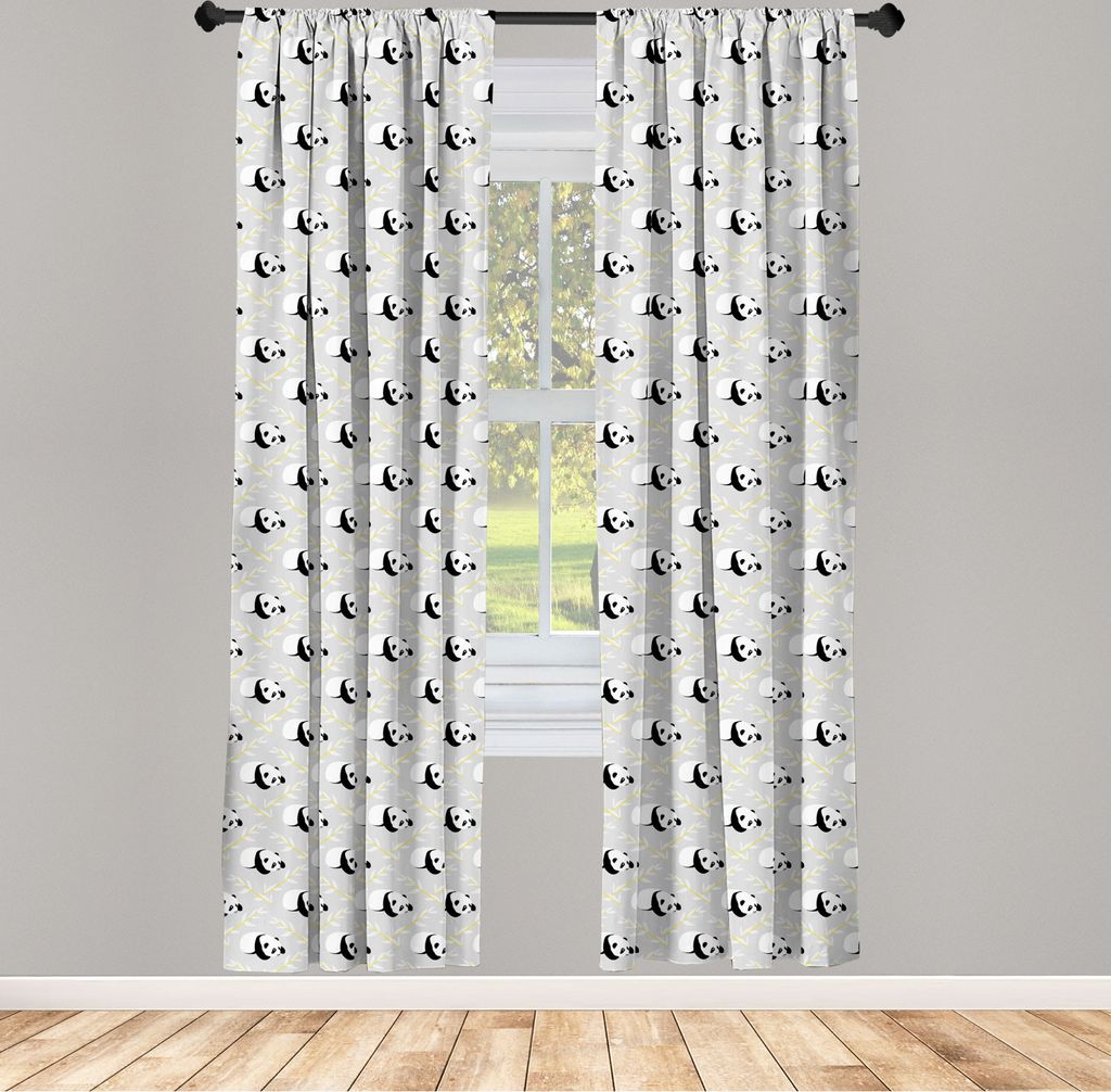 ABAKUHAUS Panda Vorhänge, Gardinen, Repetitive Entzückende Karikatur-Tier mit belaubten Zweigen, 2 Stück 75 x 245 cm, , Mehrfarbig Grau