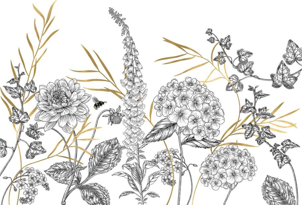 Sanders & Sanders Fototapete Blumen Schwarz-Weiß und Gold 400 x 280 cm
