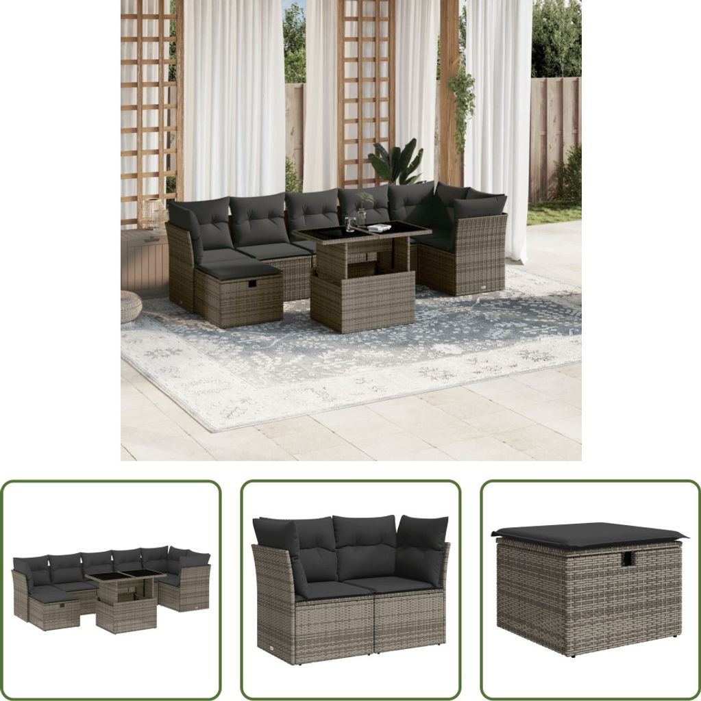 The Living Store 8-tlg. Garten-Sofagarnitur mit Kissen Grau Poly Rattan