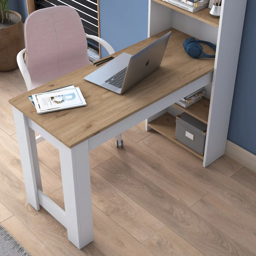 Bureau télétravail blanc 120 cm avec rangements verticaux gain de place