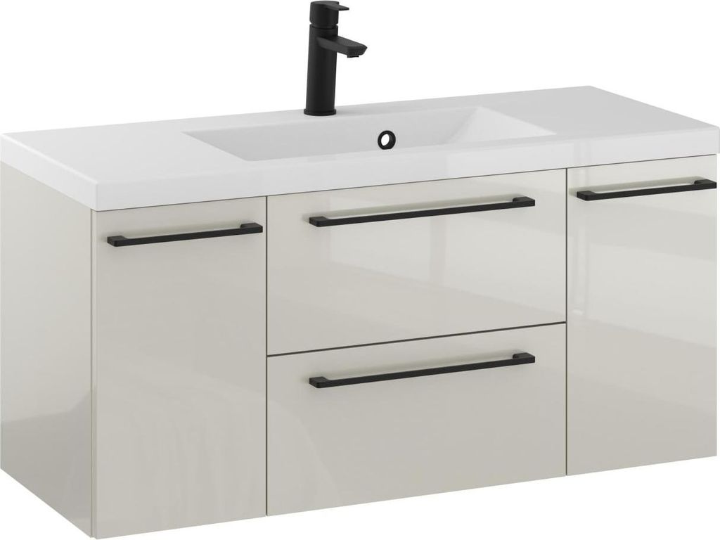 FURNI Waschtischunterschrank RON 100 D cm - Kaschmir - Hängender Badschrank mit Mineralguss - Waschbecken - Griffe Schwarz matt - Vormontiert