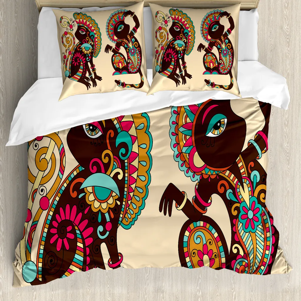 ABAKUHAUS Copripiumino tribale, motivo SCIMMIA, antiacaro, adatto a chi soffre di allergie, con federe, 155 cm x 220 cm - 80 x 80 cm, multicolore