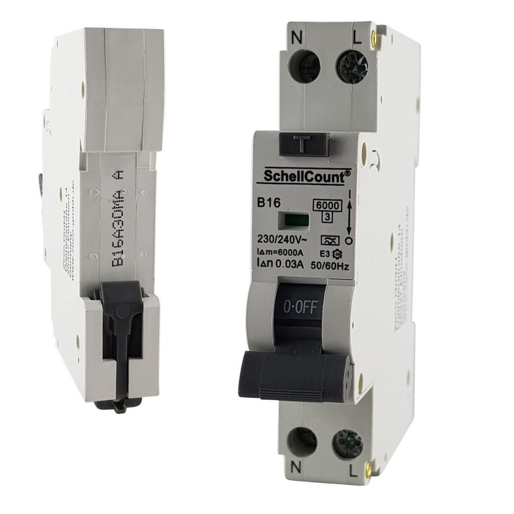A product shot of two electrical circuit breakers, one shown from the side and the other from the front.