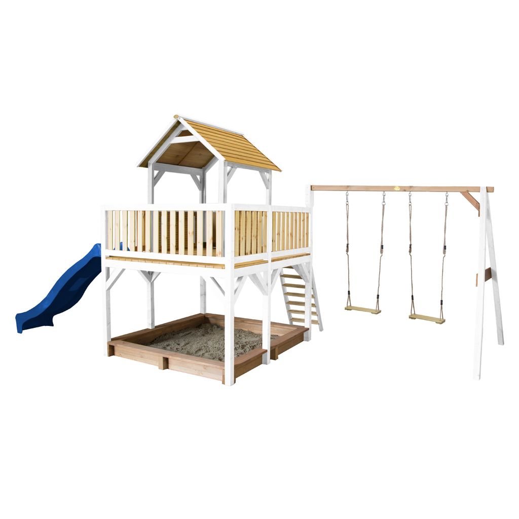 AXI Spielhaus Atka mit Sandkasten, Doppelschaukel & blauer Rutsche | Stelzenhaus in Braun & Weiß aus Holz für Kinder | Spielturm mit