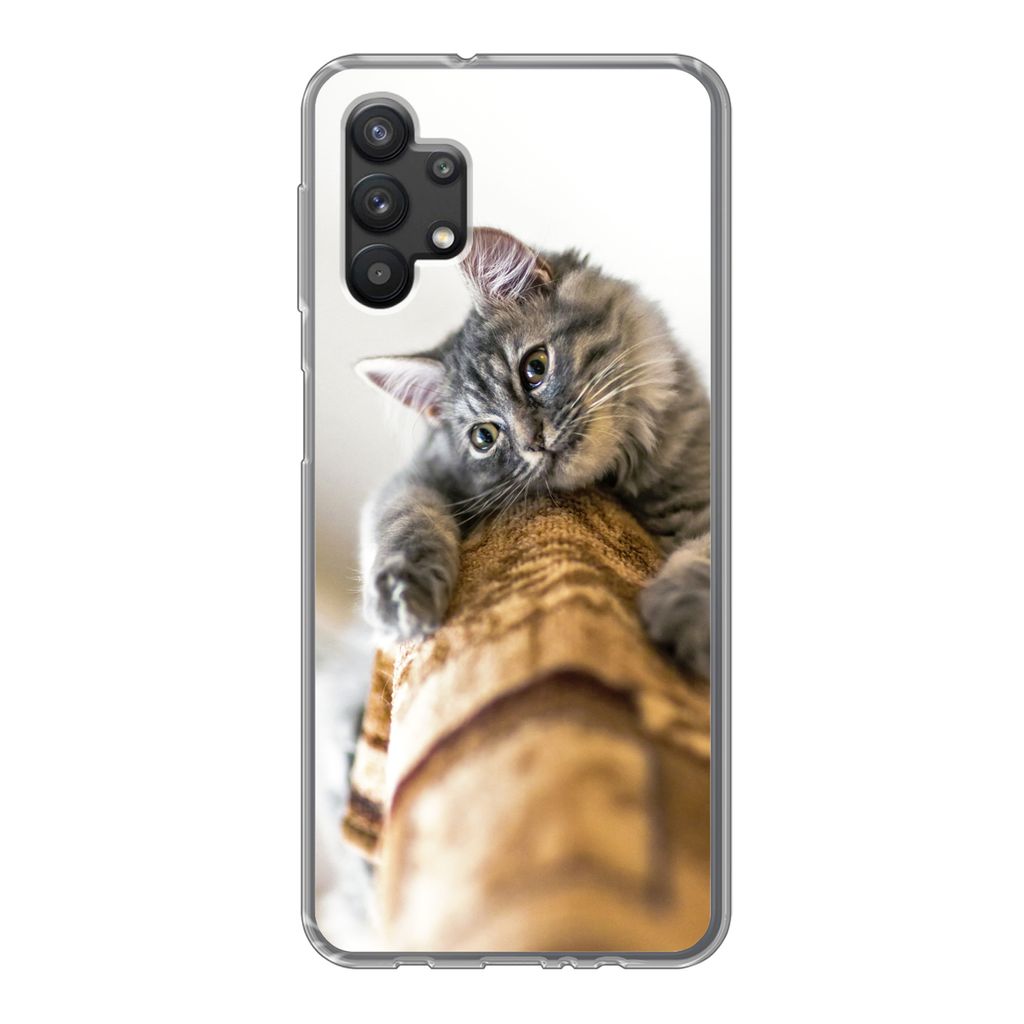 MuchoWow Handyhülle Schutzhülle Hülle für Samsung Galaxy A32 5G Katze - Kratzbaum - Grau Silikon Softcase Handy Hülle - Softcase