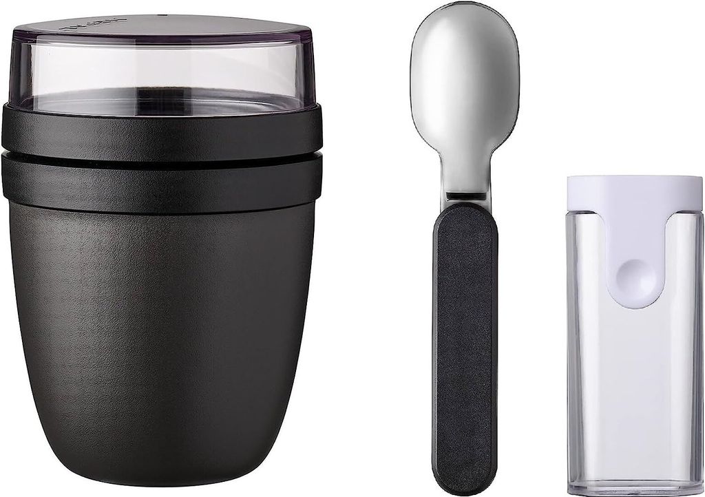 Mepal | Lunchpot Ellipse | faltbarer Löffel | Nordic Black | praktischer Müslibecher | ideal für Lebensmitteltransport