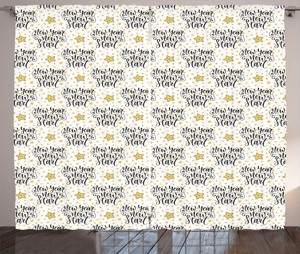 ABAKUHAUS Buon anno nuovo Tenda rustica, scrittura corsiva, camera da letto Tenda con passanti e ganci, 280 x 175 cm, giallo grigio