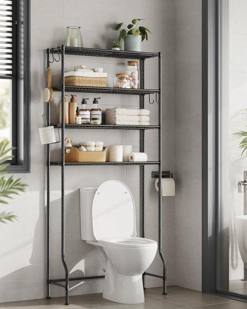 Schwarzes Regal mit Ablage und Haken, 30x83x176cm